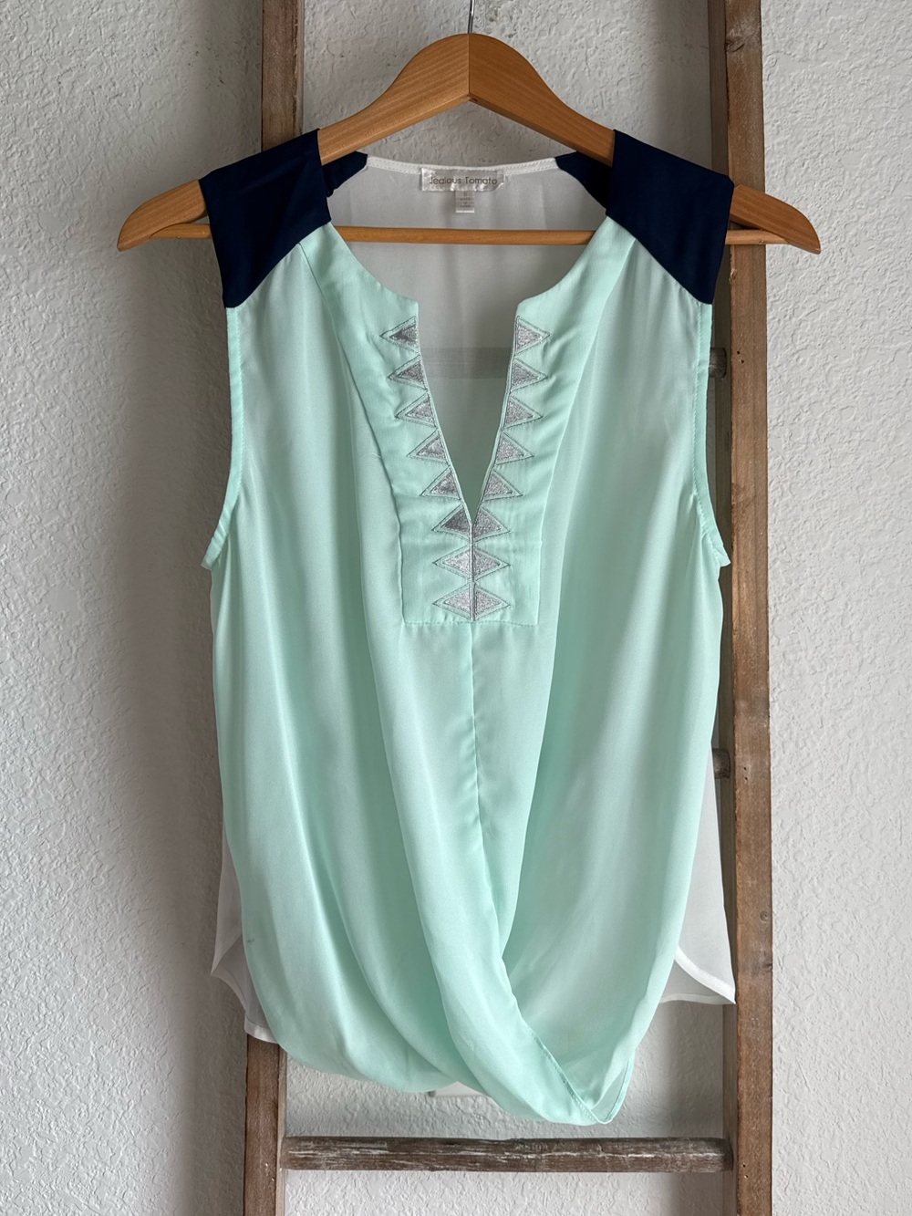 Jealous Tomato Sleeveless Faux Wrap V Neck Embroidered Blouse Sz: Small